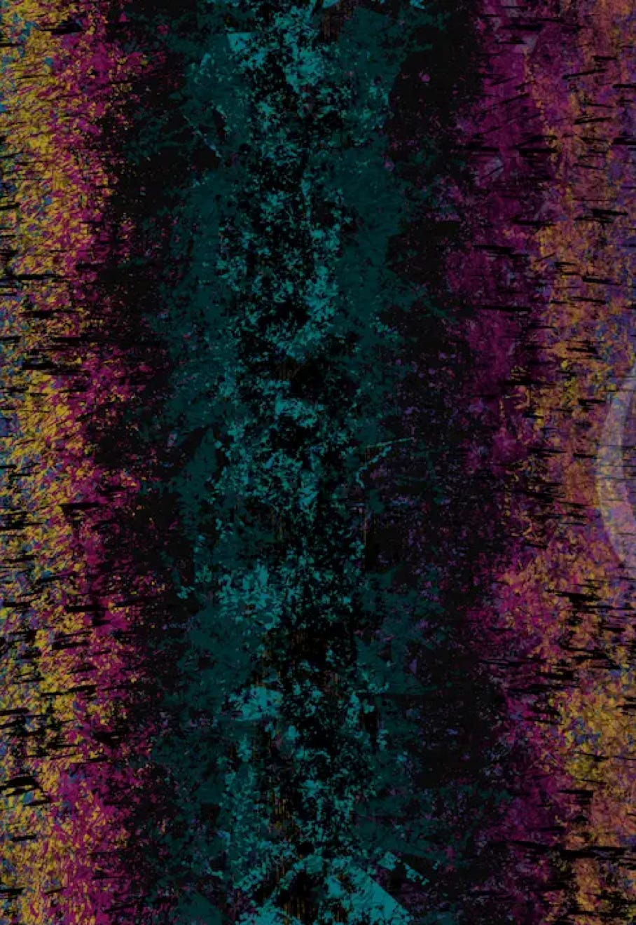 “Frequency” by JJ Ashton - Digital, mixed media, abstract painting which reminded me of a a noise frequency graph. Colors in blues, gold, pinks, purples, greens, gray, and black. 