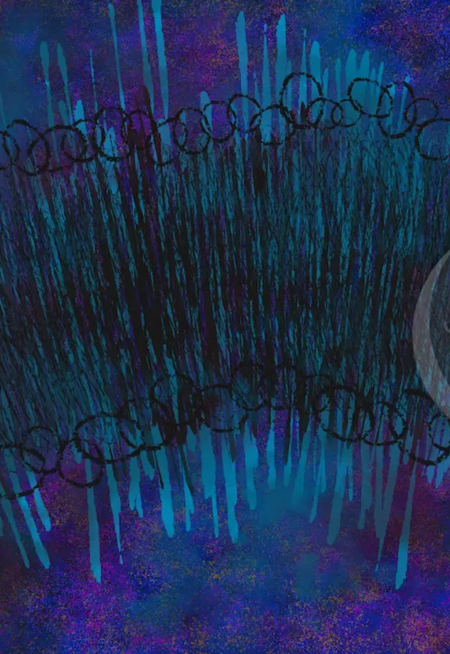 Digital, mixed media, abstract paining in blue, turquoise, black, grays, purple, and pinks. 