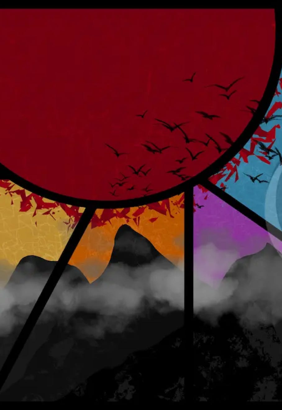 "Under a Burning Sun" by JJ Ashton - Digital, mixed media painting of a huge red sun and mountains in a stained glass style.