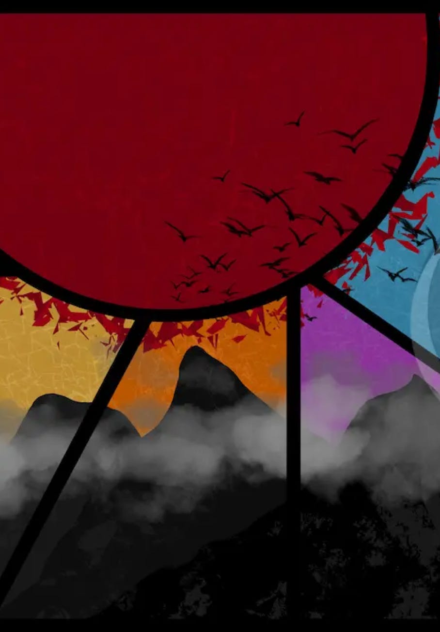 "Under a Burning Sun" by JJ Ashton - Digital, mixed media painting of a huge red sun and mountains in a stained glass style.