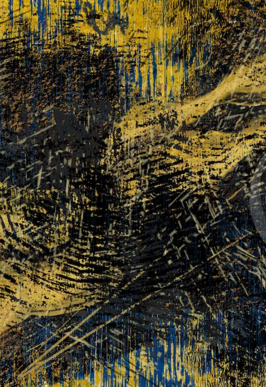 “Chaos” by JJ Ashton - Digital, mixed media, abstract painting of a chaotic scene in golds, black, blues, and gray.