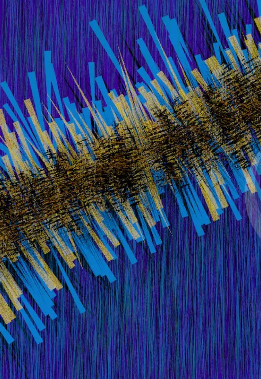 “Firecracker” by JJ Ashton - Digital, mixed media, abstract painting which made me think of string firecrackers in blues, purples, golds, browns, and black.