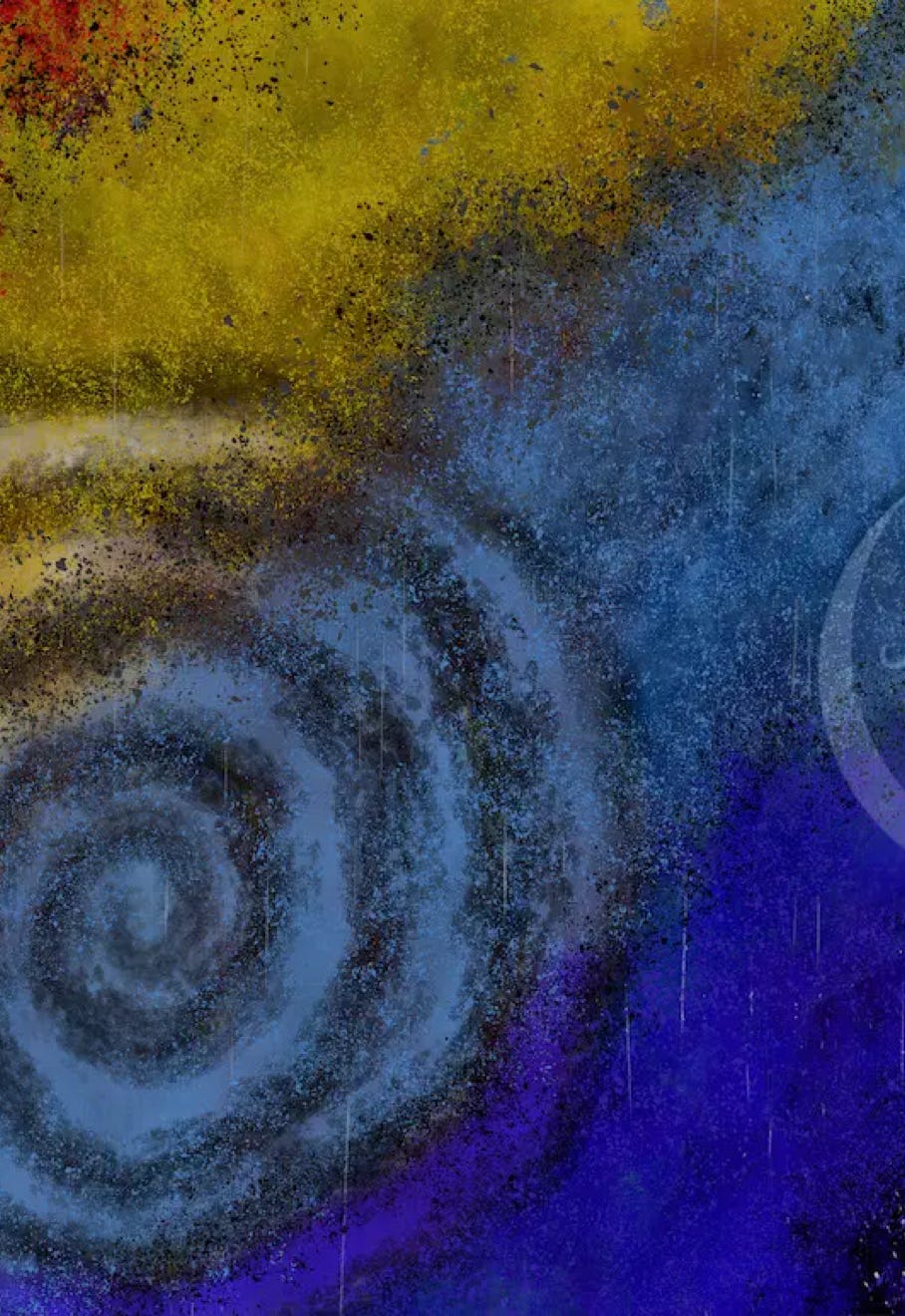“Primary” by JJ Ashton - Digital, mixed media, abstract painting in blues, red, yellow, black, gray, and white.