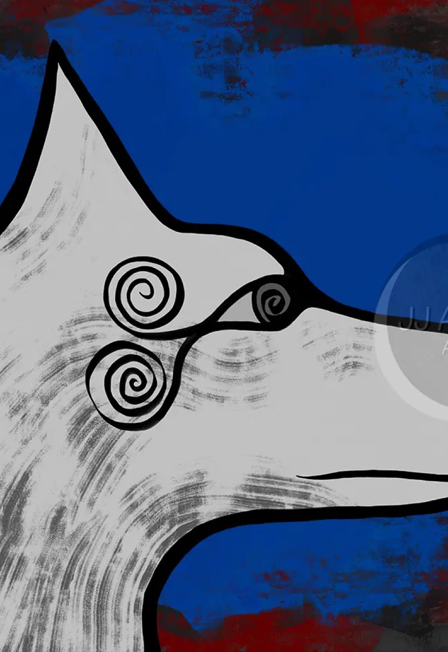 "Fenris Wolf" Painting by JJ Ashton. A styled painting using old Norse elements depicting a wolf.  