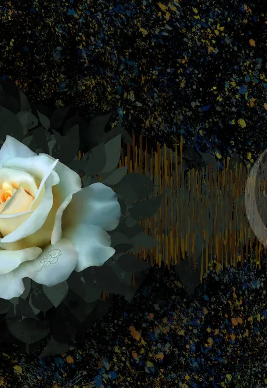 Digital, mixed media, abstract painting in golds, green, blue, gray, black, and white.